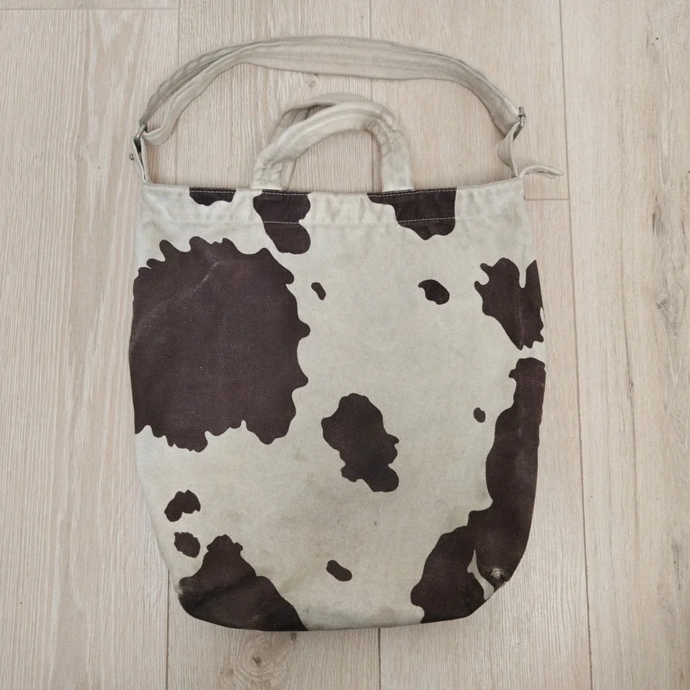 Baggu Womens Duck Bag Tote OS Brown Cow Print Canvas Adjustable Strap Western